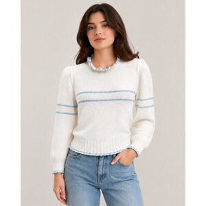 Teasers 80s Striped White and Blue Ruffle Neck Puff Sleeve Sweater Womens Small